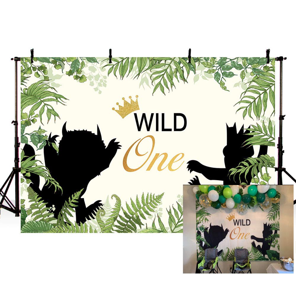 MEHOFOTO Wild One Themed 1st Birthday Party Backdrop Animals Photography Background Jungle Safari Green Leaves Baby Boy Photo Booth Banner Decorations 7x5ft