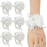 Meldel White Wrist Corsages for Prom, Set of 6, Rose Wedding Wrist Corsage for Bridal Bridesmaid Girl Women, Fake Wrist Flower for Mother of Bride, Artificial Hand Flower for Homecoming Anniversary