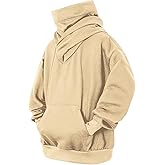 Men's Fleece Hoodies Cowl Neck Casual Pullover Sweatshirts Loose Fit Tops with Embroidery for Fall Winter Wear