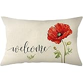 Ogiselestyle Watercolor Poppy Welcome Throw Pillow Cover, 12 x 20 Inch Spring Summer Floral Cushion Case for Sofa Couch