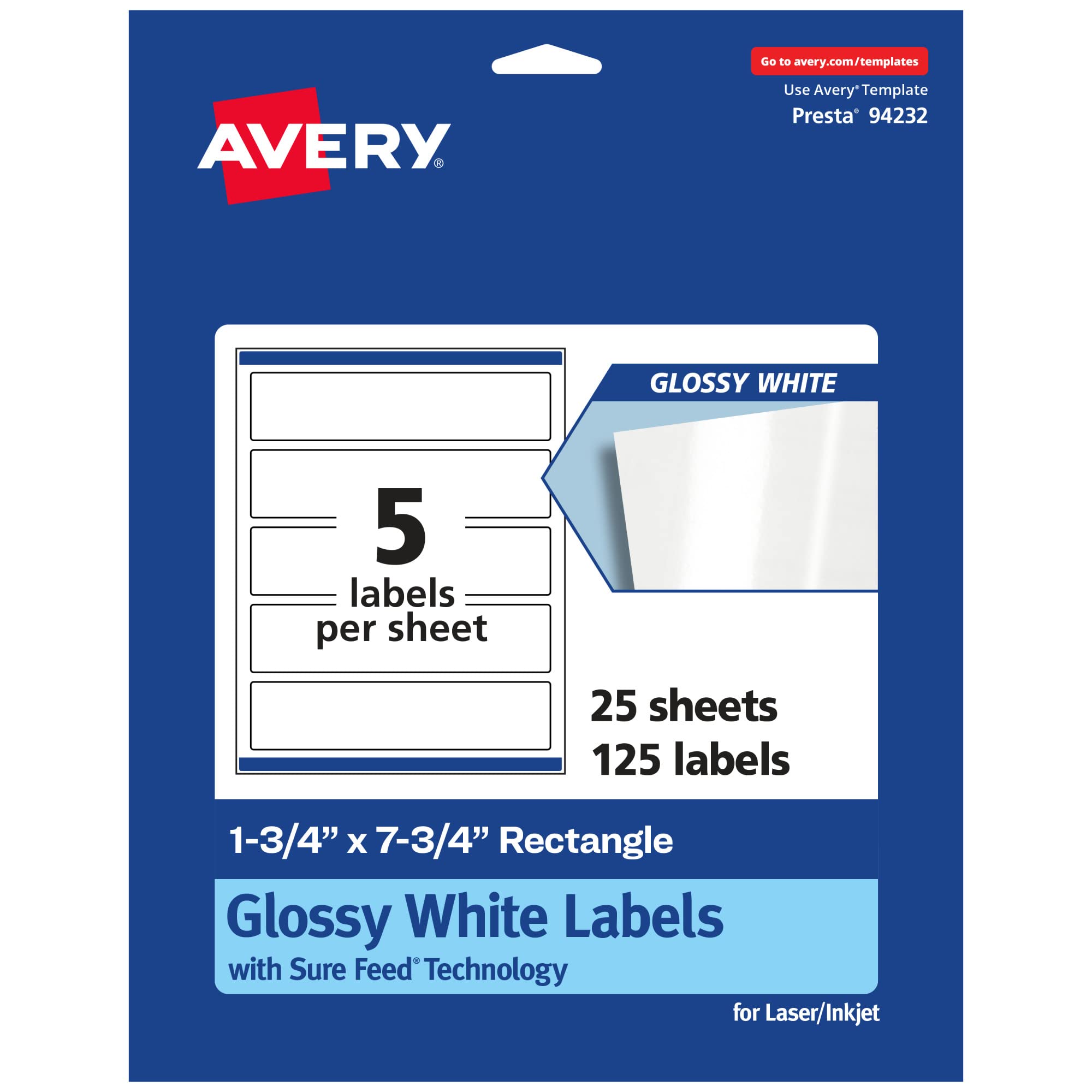 Photo 1 of Avery Glossy White Rectangle Labels, Sure Feed Technology, 1.75" x 7.75", 125 Glossy White Labels, Print-to-The-Edge, Permanent Adhesive, Laser/Inkjet Printable
