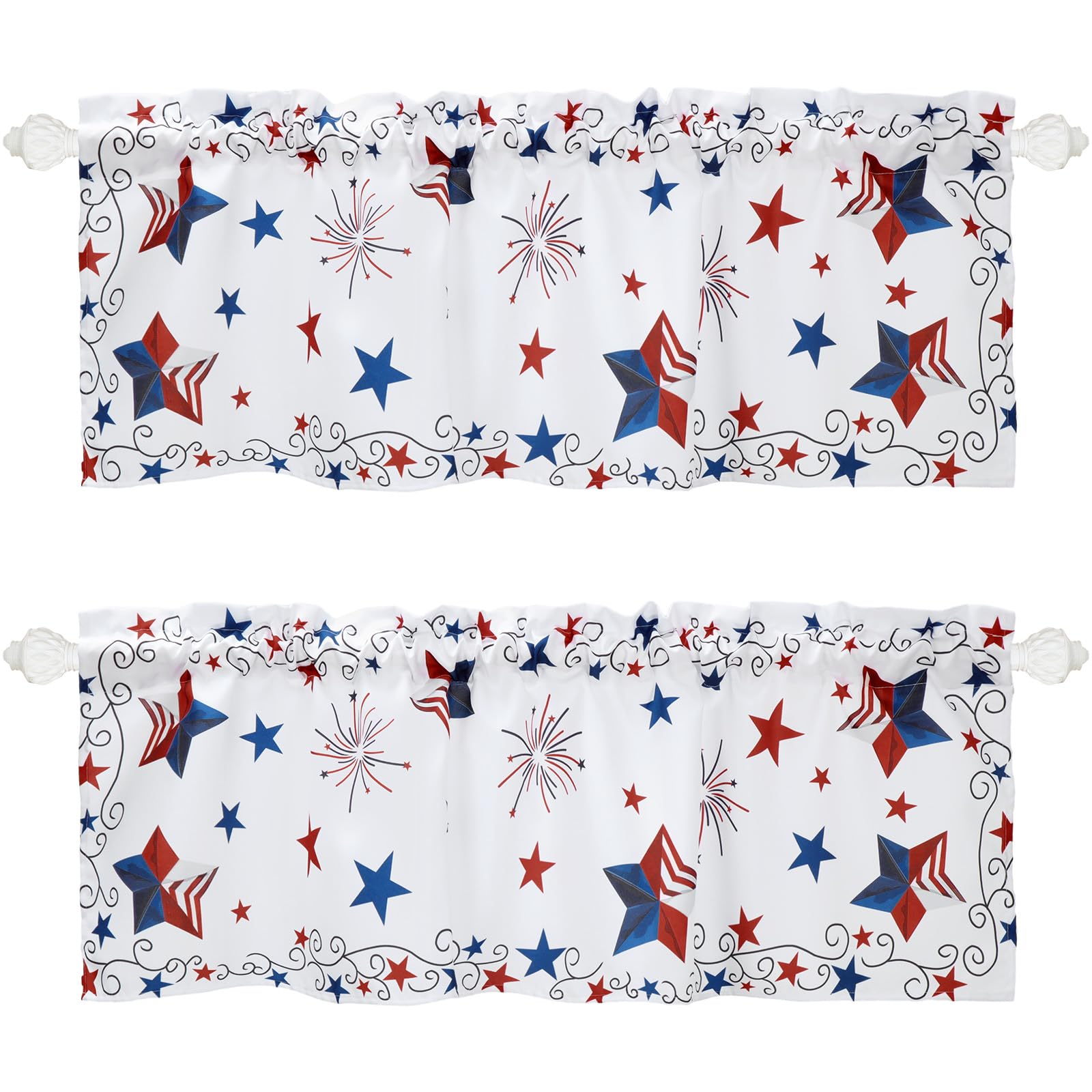 Photo 1 of VitalCozy 2 Pcs Patriotic Star Valance Curtains 4th of July Window Valances Independence Day Star Fireworks Curtains for Kitchen Windows, 54 x 18 Inch for Kitchen Living Room Cafe