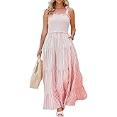 R.Vivimos Women's Summer Cotton Adjustable Straps Boho Stripe Casual Flowy A Line Midi Dress with Pockets