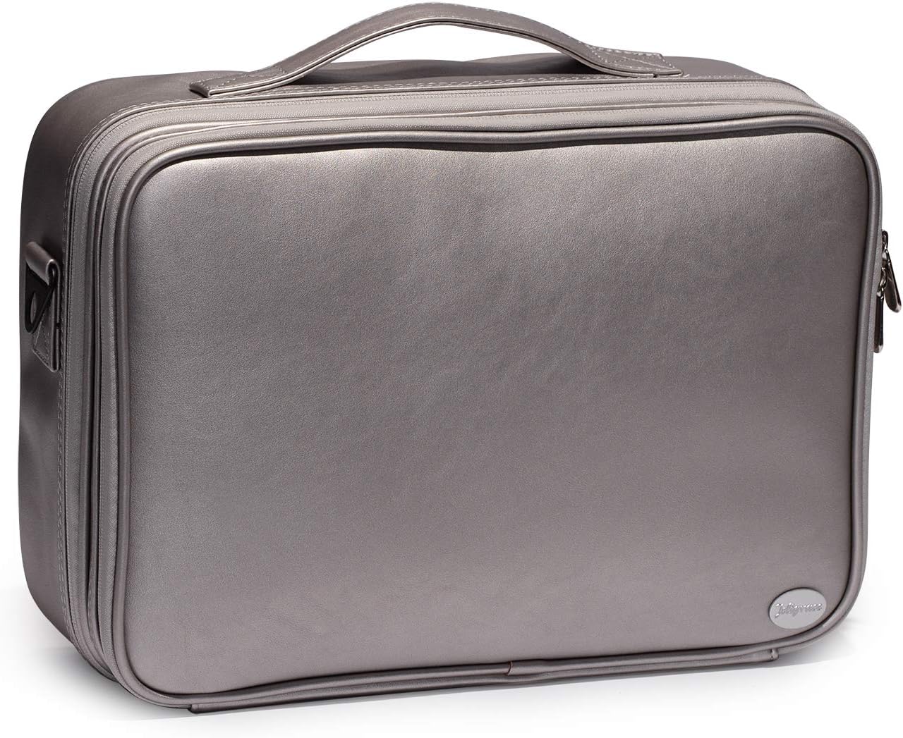 Joligrace PU Leather Professional Makeup Bag Removable Back Strap Cosmetic Case Beauty Box Hairdressing Tools Organiser Storage Box (Large Size: 38x27.5x12.5cm, Silver)