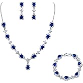 EleQueen Women's Silver-Tone Cubic Zirconia Teardrop Flower Bridal V-Necklace Sets Tennis Bracelet Dangle Earrings for Wedding Bridesmaids