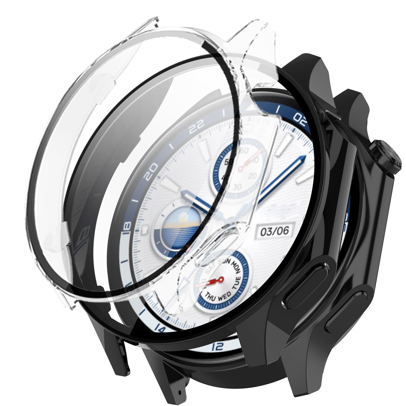 KZIOACSH Case with Tempered Glass for OnePlus Watch 2/Oppo Watch X, 2 Pack Full Coverage Waterproof Hard PC Bumper Cover All Around Anti-Scratch Screen Protector Protective Case, Black+Clear