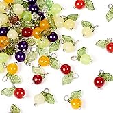 Cheriswelry 50pcs Natural Gemstone Fruit Charms Stone Beads Leaf Dangle Pendants Cute Hang Ornament Earring Bracelet Charms 13x12mm for DIY Craft Necklace Jewelry Making