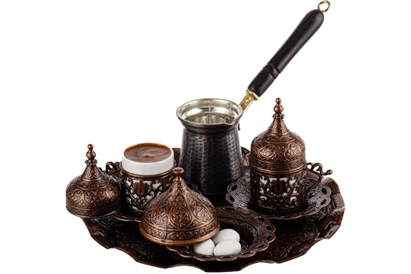 DEMMEX 2023 Turkish Greek Arabic Coffee Full Set with Cups Saucers Lids Sugar Bowl Tray and Copper Coffee Pot, 12 Pcs