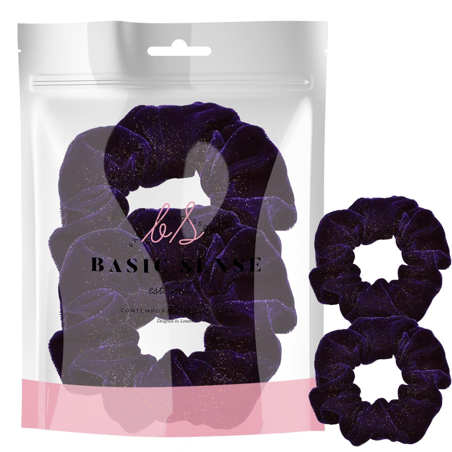 BasicSense 2PCS Large Velvet Glitter Scrunchies Shiny Hair Ties Bands for Hair updo ponytail Scrunchy, Purple