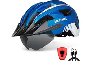VICTGOAL Bike Helmet with USB Rechargeable Rear Light Detachable Magnetic Goggles Removable Sun Visor Mountain & Road Bicycle Helmets for Men Women Adult Cycling Helmets