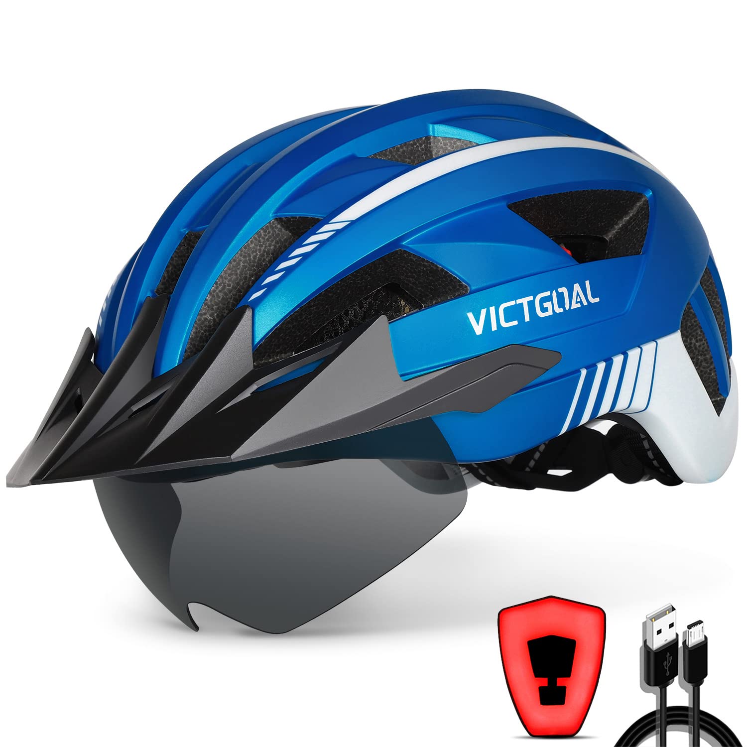 Victgoal Bike Helmet with USB Rechargeable LED Light Removable Magnetic Goggles Visor Breathable MTB Mountain Bicycle Helmet for Unisex Men Women Adjustable Cycle Helmets (M: 54-58 cm, Metal Blue)