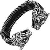 Klapgo Men's Viking Wolf Head Bracelet 316 Stainless Steel Leather Open Cuff Tribal Retro Wolf Twisted Cable Cuff Bangle Vintage Gothic