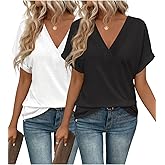 2PCS T Shirts Short Sleeve V Neck Tees Womens Tops Fashion Beach Vacation Clothes 2026 Casual Summer Spring Outfits