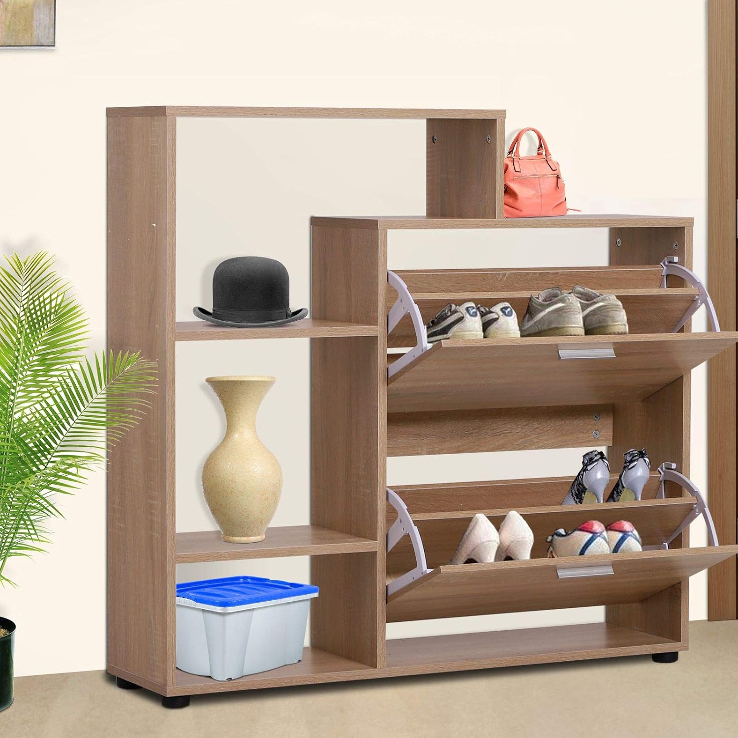 HOMCOM Zapatero De Madera Con Estanter iacute a Y Cubos Armario Para