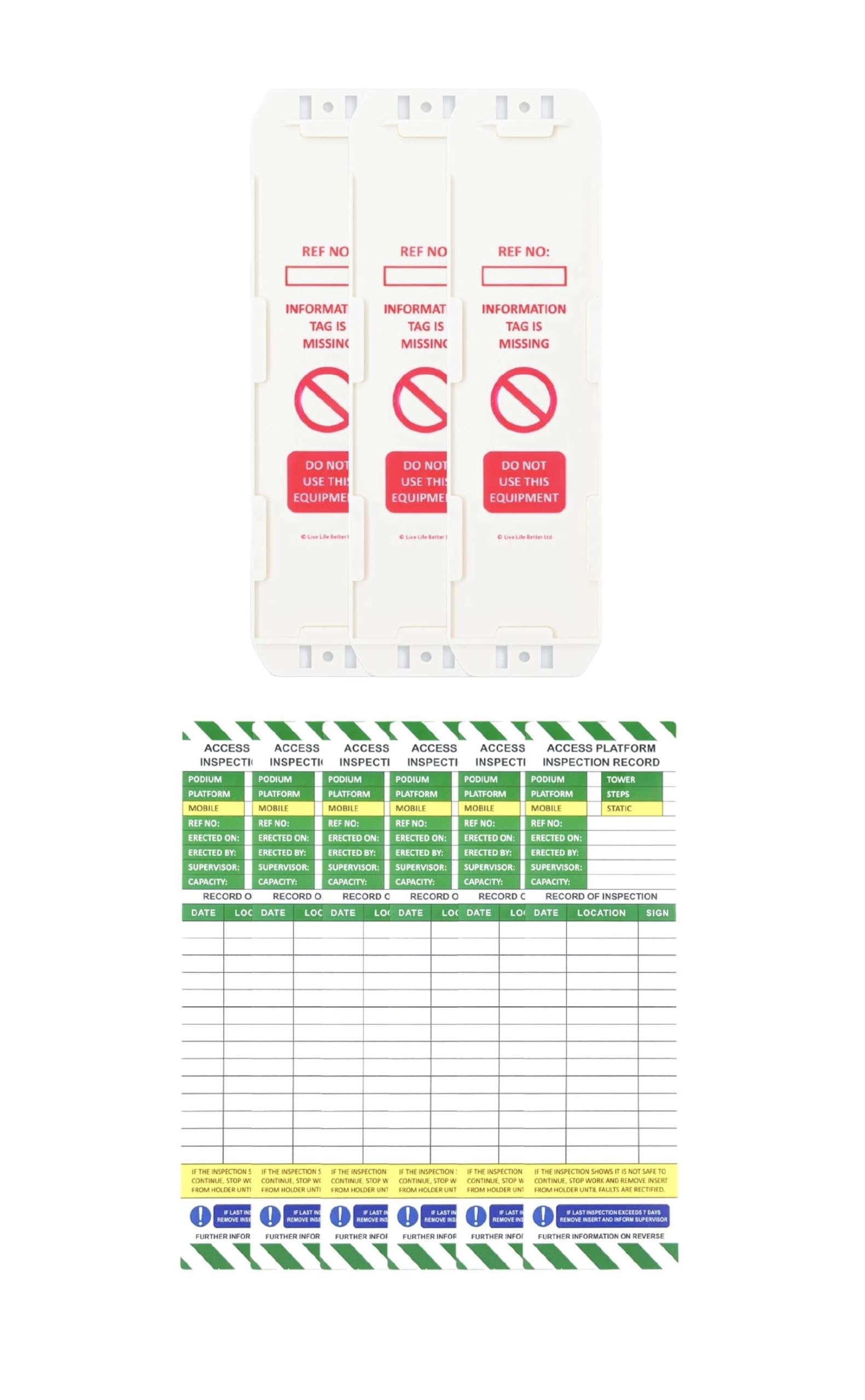 LIVELIFEBETTER® Access Platform Inspection Tags – 3 Holders & 6 Inserts for Podiums, Towers, Platforms, Steps (Mobile/Static) – Indoor/Outdoor Use – Durable Polypropylene (PP) Tags
