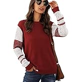 koitmy Women's Cute Contrast Sleeve Knitted Pullover Sweater