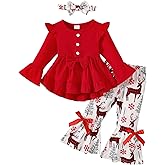 AMAWMW Toddler Baby Girl Christmas Outfit Ruffle Long Sleeve Top Bell Bottom Pants Headband Christmas Clothes Set