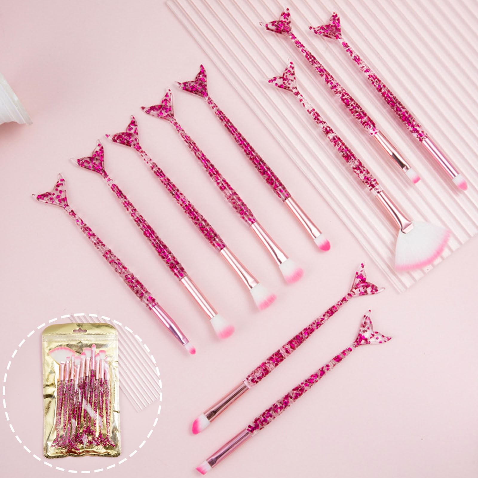 10 PCS Mermaid Makeup Brushes, Rose Red Crystal Glitter Blush Highlight Eye Shadow Eyebrow Concealers Brush Set with Sequins Synthetic Fiber Make up Brush, Gift for Girls & Women