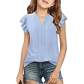 Floral Find Girls Casual Ruffle Short Sleeve V Neck Textured Shirts Summer Dressy Tunic Top Blouses