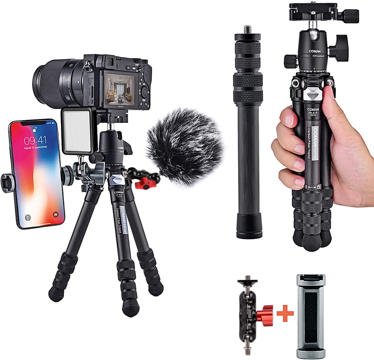 Carbon Fiber Tripod, COMAN Ultra Compact Lightweight Camera Tripod with 360° Panorama Ball Head for Cellphone, Camera and Gopro, Ideal for Vlog, YouTube or Travel, Phone Clip and Magic arm Included: Camera & Photo