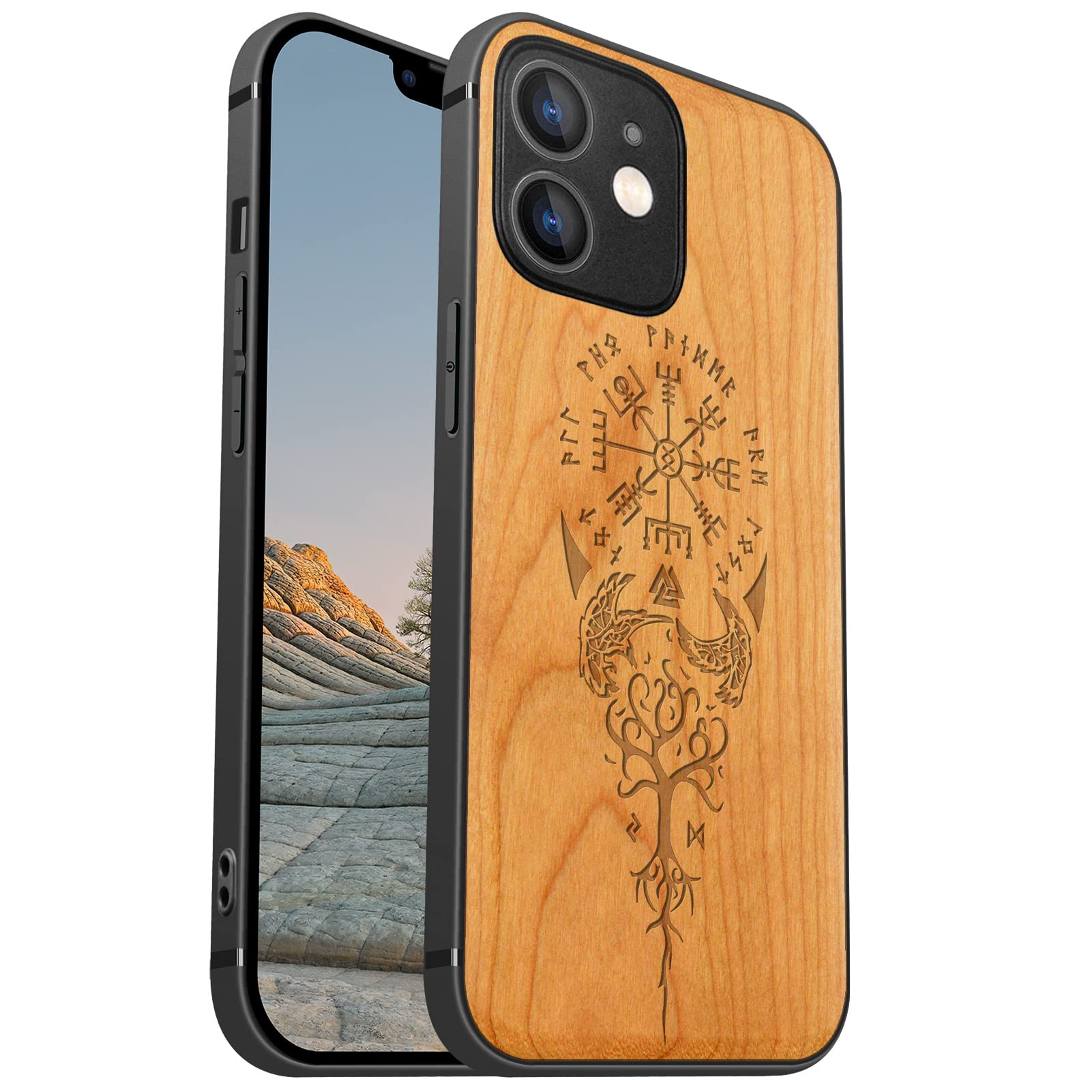Carveit Magnetic Wood Case for iPhone 12 Mini - Hard Real Wood & Soft TPU Hybrid Shockproof Protective Cover - Unique & Classy Cherry Wooden Case Compatible with MagSafe (Viking Compass Vegvisir)