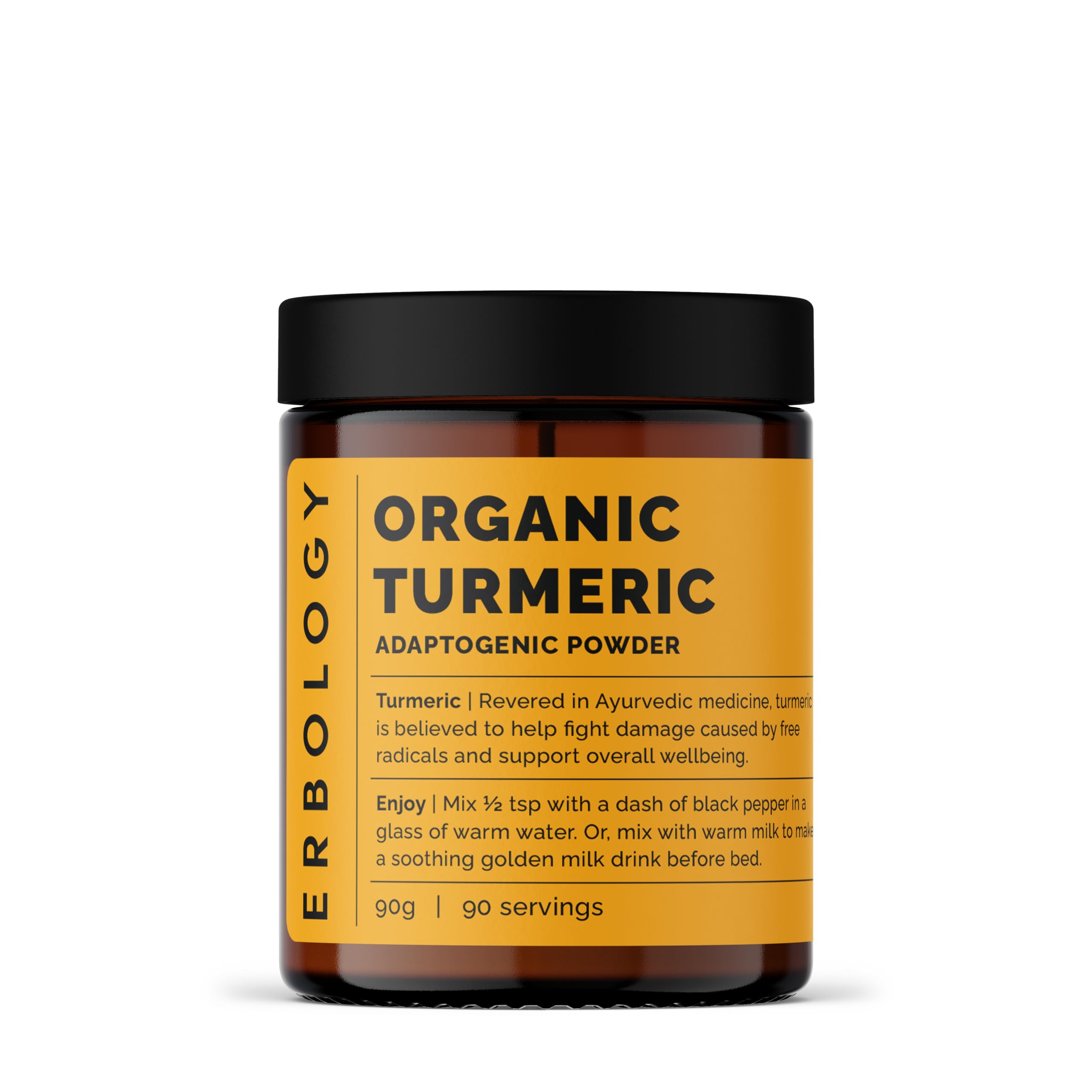 Erbology Organic Turmeric Powder 90g - 90 Servings - 5.5% Curcumin - No Additives or Preservatives - Sustainably Sourced Straight from Farm in Karnataka, India - Small Batch - Vegan - GMO-Free