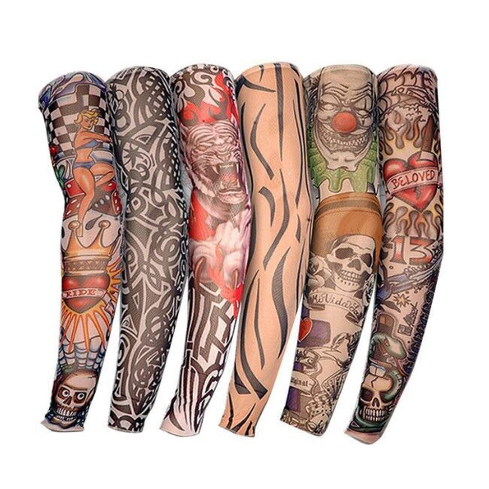BaiJ Arm Tattoo Sleeves,6 Pack Men Fake Temporary Tattoo Nylon Sleeve Arm Stockings Elastic Biker Sleevelet for Halloween Basketball Cycling Driving Sun Block Unisex 38CM