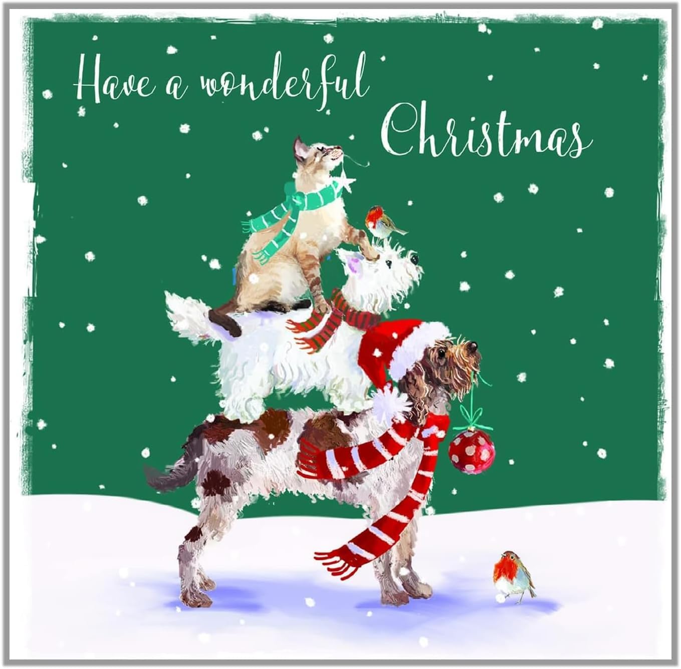 GBCC Charity Christmas Cards - Pack of 20 Assorted Premium Greeting Cards with Envelopes - Festive Cat, Dogs & Robin in the Snow - (10 Each of 2 Designs) - Supporting UK Charities