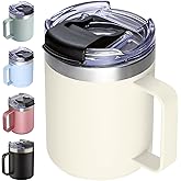 ALOUFEA 12oz Insulated Coffee Mug Cup with Handle, Stainless Steel Travel Coffee Mug with Flip Lid, Double Wall Vacuum Coffee Tumbler, Cream