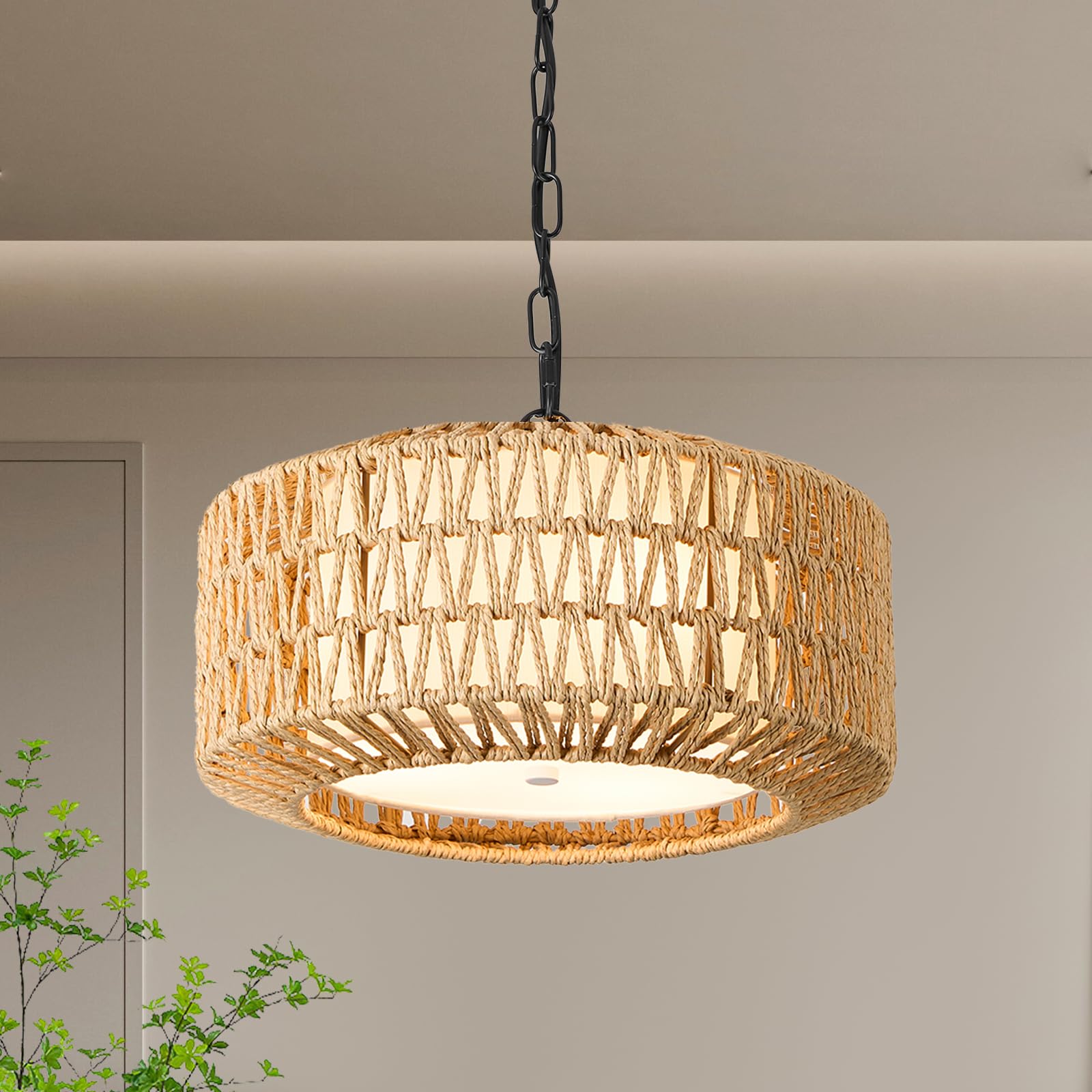 Haolaike Boho Chandelier Light Fixture 12 Inch Adjustable Rustic Large Hand Woven Rattan Pendant ...