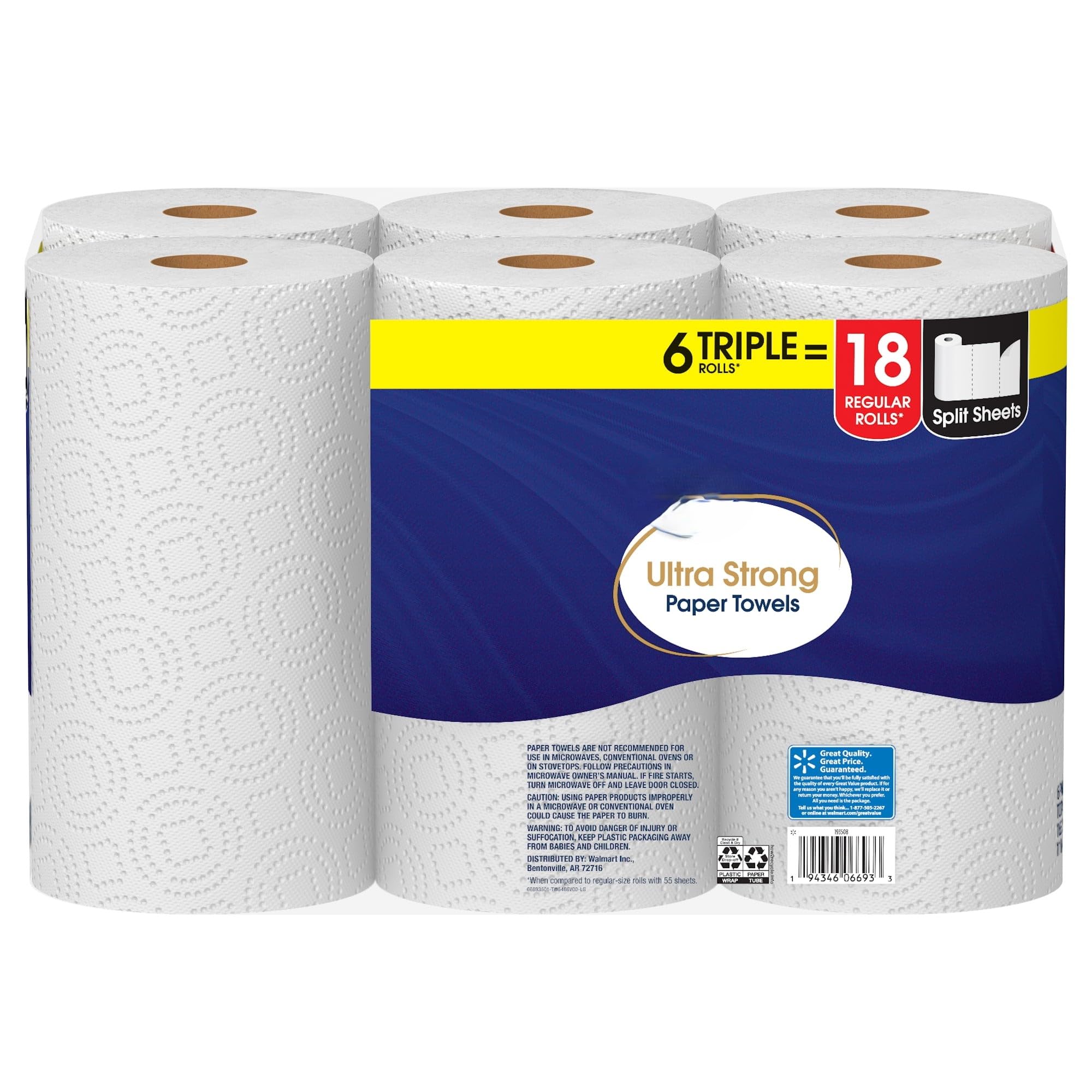 Photo 1 of 6 Triple Rolls Ultra Strong Paper Towels, 2-Ply Absorbent & Durable – Large Sheets for Kitchen, Bathroom, Cleaning – Split-Sheet Design, 165 Sheets/Roll (Equivalent to 18 Regular Rolls