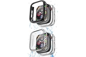 COOLQO 2 Pack Waterproof 2 in 1 Case Compatible for Apple Watch 45mm Series 9 8 7, with 9H Tempered Glass Screen Protector, Full Body Cover for iWatch 45 mm S9 S8 S7, [Hard PC+Soft TPU] Clear + Black
