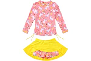 swimsobo Girls Rash Guard Two Pieces Bathing Suit Long Sleeve Swimsuit Swimming Skirt with Shorts Swimwear 3-12T
