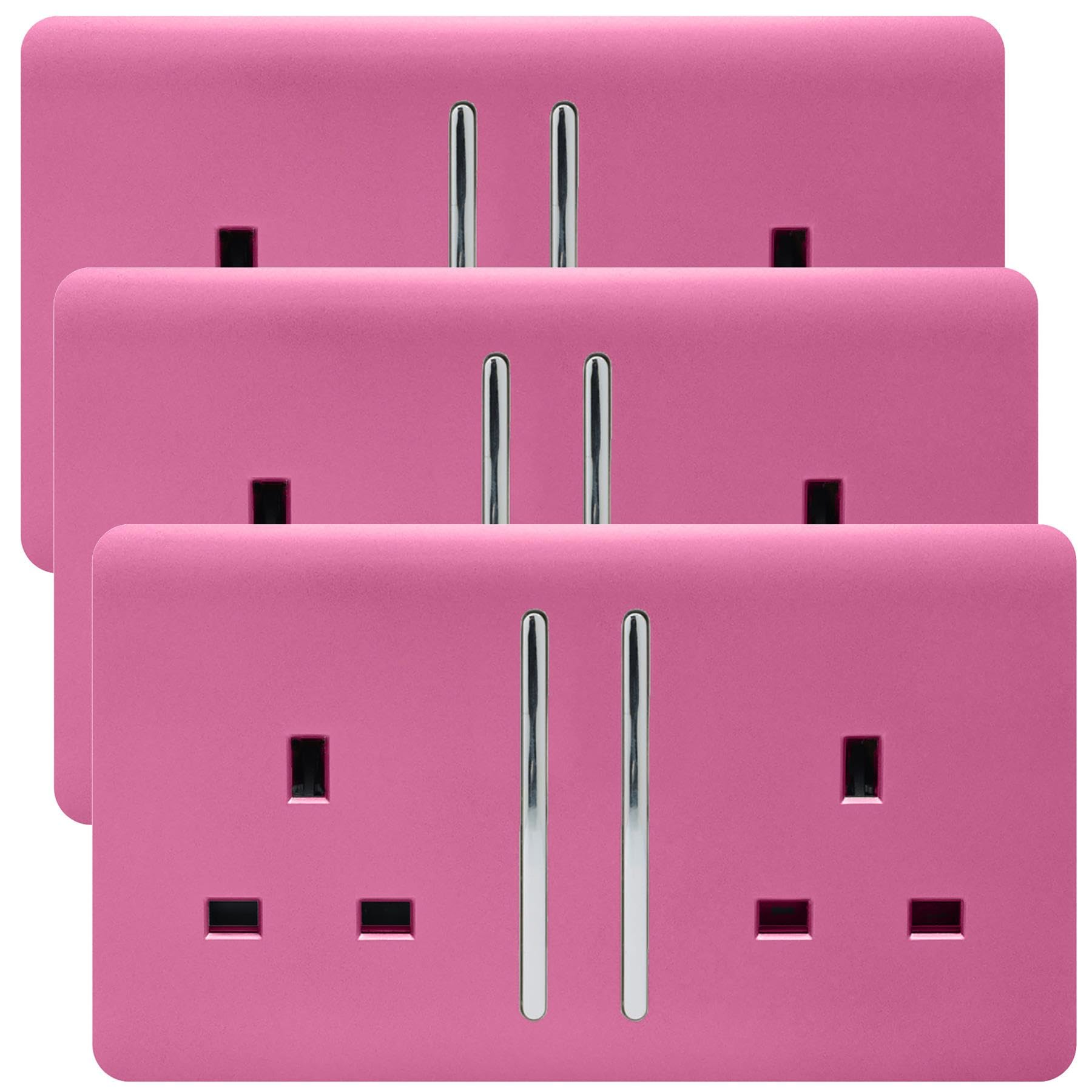 Trendi 2 Gang Artistic Modern Glossy 13 Amp Switched Plug Socket Pink (3 Pack)