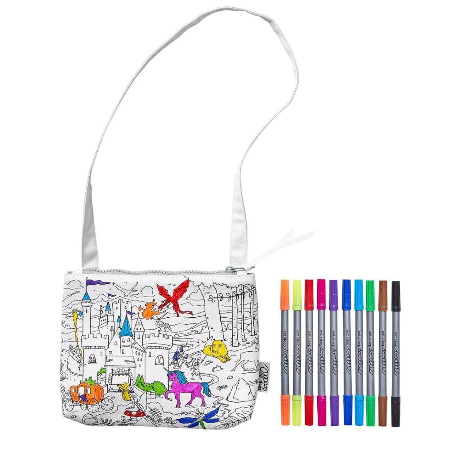 eatsleepdoodle Fairytale Colouring Crossbody Bag for Kids w/ 10pk Washable Pens for Kids - 22x18cm Colouring Crossbody Bag for Girls