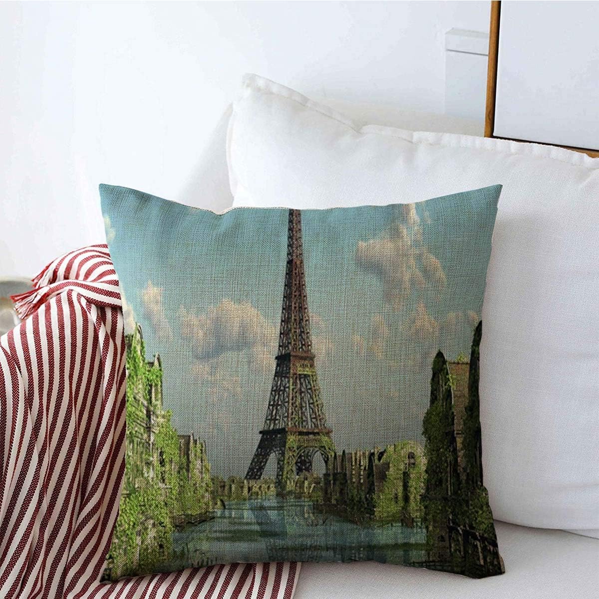 Decorative Throw Pillow Cover Fiction Paris Climate Change Apocalypse Catastrophe City Eiffel Flooded Linen Pillowcase Square Size 16" x 16" Cushion Case