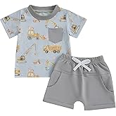 SHUING 2Pcs Toddler Baby Boy Easter Outfits Short Sleeve Bunny Truck Print T-shirt Elastic Shorts Infant Summer Farm Clothes