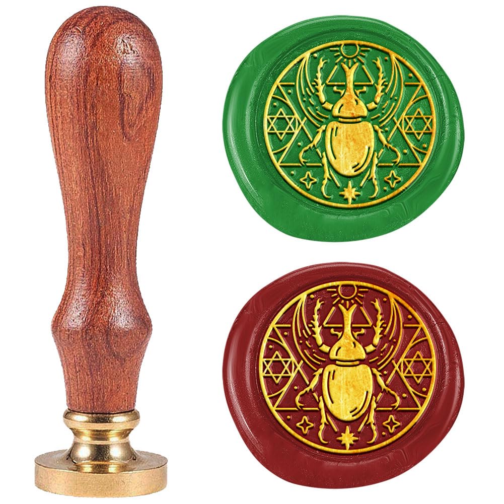 DELORIGIN Magic Beetle Wax Seal Stamp 0.98" Removable Brass Seal Head with Wooden Handle Vintage Embossed Letter Sealing Wax Stamp for Invitations Party Envelope Festival Gift Packag Decorate