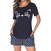 Mchodare Women's Pajamas Sets Cotton Short Sleeve Lounge Sets 2 Piece Sleepwear Casual Cute Cat Print Pjs with Pockets S-XXL