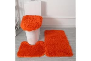 IDORAVAN 3 Piece Bathroom Rug Set with Toilet Lid Cover Bathroom Rugs Mat Non Slip Super Soft Microfiber Machine Washable Plush Bath Toilet Rugs U Shaped Extra Absorbent Carpet, Orange
