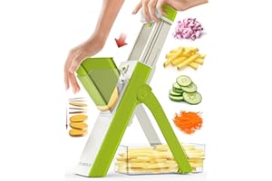 Fullstar Safer Mandoline Slicer for Kitchen, Cucumber Slicer, Potato Slicer, Julienne Vegetable Slicer, Vertical Mandoline Food Slicer Kitchen Mandoline Slicer, Fruit Slicer (4-in-1, White and Green)