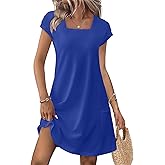 OFEEFAN Summer Dresses for Women 2026 Loose Square Neck Cap Sleeve Casual Beach Vacation Tshirt Dress Sundresses with Pockets