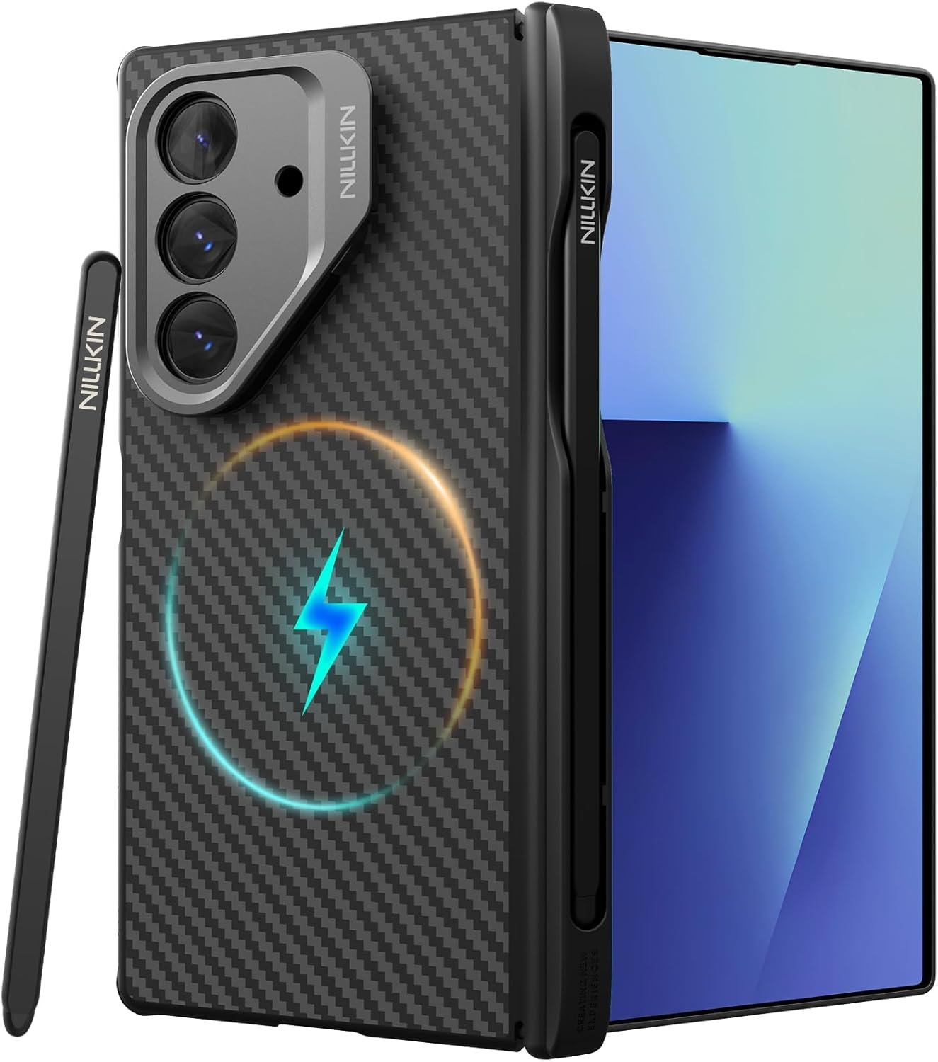 Photo 1 of Nillkin Slim Aramid Fiber Case for Samsung Galaxy Z Fold 7, [Built-in Writing Pen] [Compatible with MagSafe] [Adjustable Stand] [Hinge Protection], Protective Magnetic Phone Cover for Z Fold 7, Black