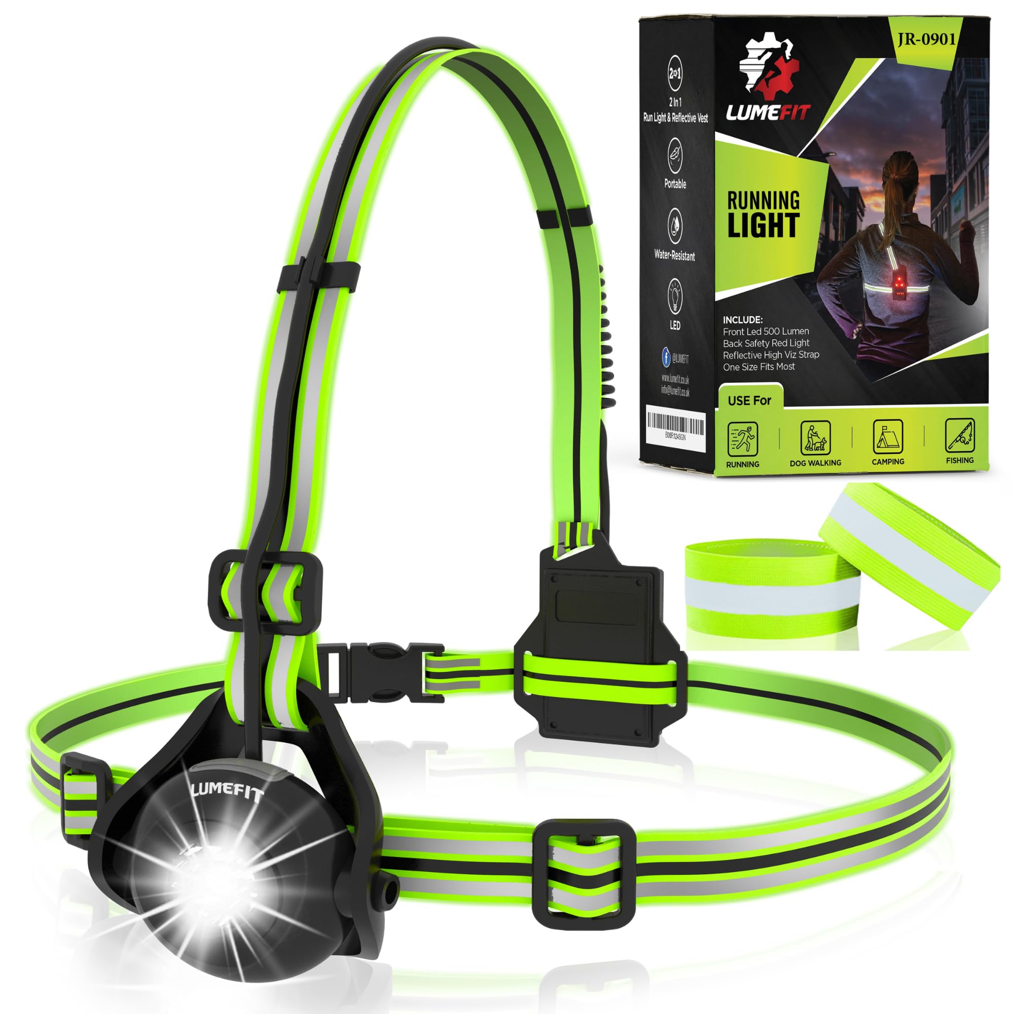Running Light for Runners - Chest LED Lamp Run Light - 90° Adjustable Beam Angle, 500 Lumen 360 Degree Reflective Band, USB Rechargeable - Front Body Torch Rear Safety Warning (Green)