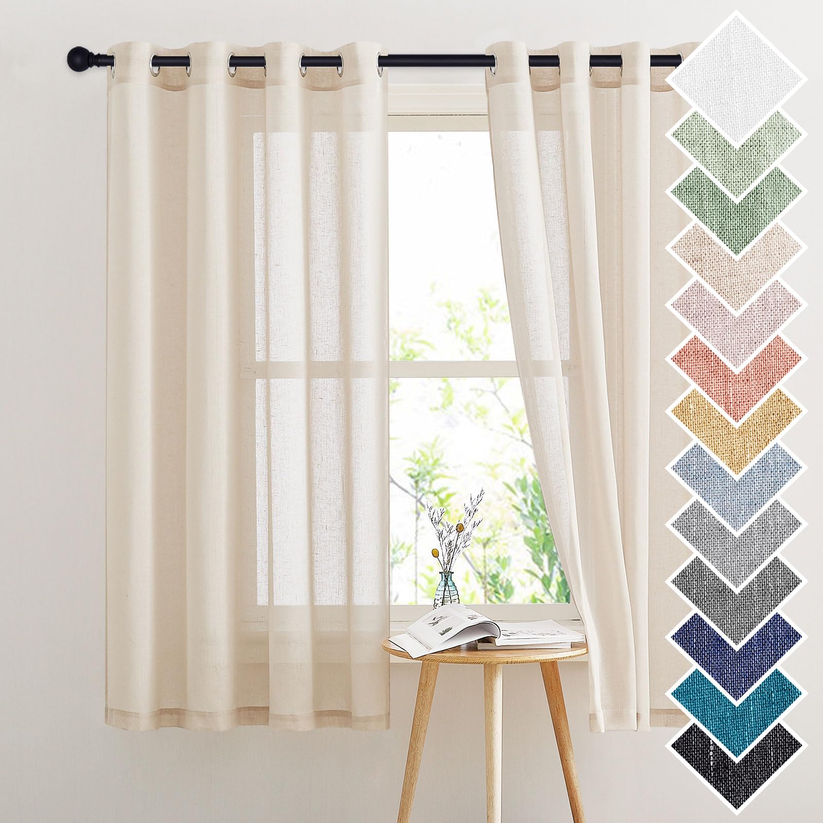 PONY DANCE Voile Curtains - Window Decoration Net Curtains Linen Effect Half Transparent with Eyelets Draperies Kitchen Decor, 140 x 160 cm, Beige, Pack of 2