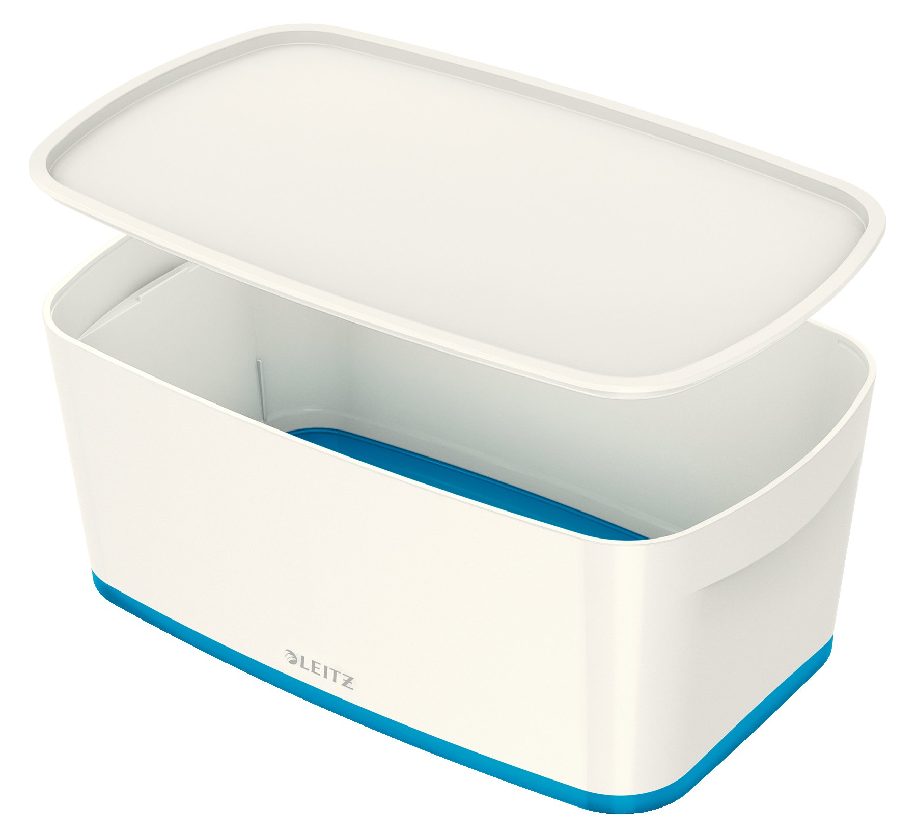 Leitz Small MyBox with Lid, Storage Box for Home and Office, High Gloss Plastic, 5 Litre, A5, White/Blue Metallic