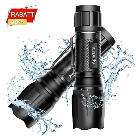 LED Taschenlampe [2 Stück] Agedate Taktische Taschenlampe 1800 Lumen Extrem Hell, IP65 Wasserfest, 5 Modis Einstellbar CREE T