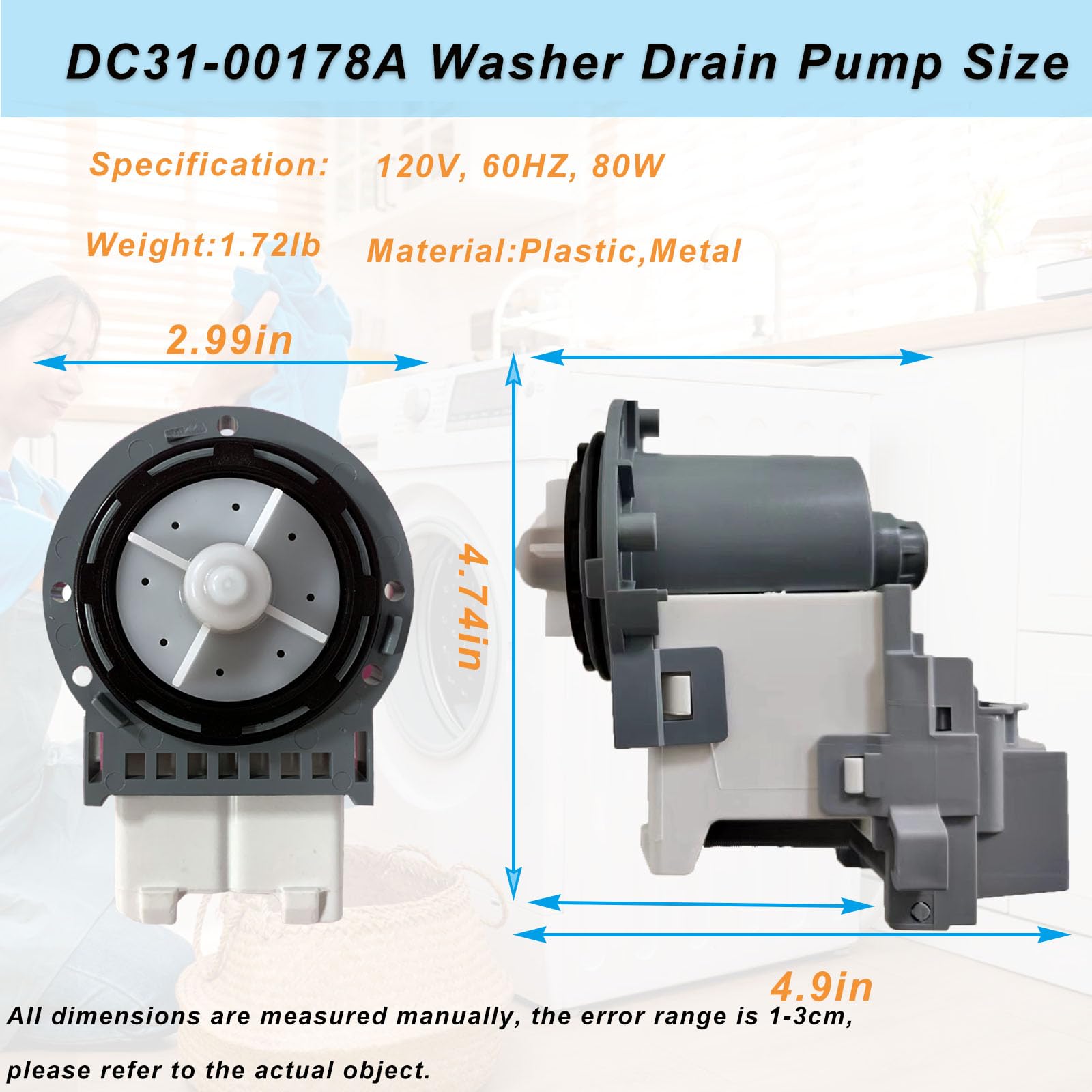 DC31-00178A, PX3516-01, DC97-19289F Washer Drain Pump Assembly Compatible with Samsung Washer WA4, WA5, WF2 Series, Replaces DC31-00178D, B35-3a, DC31-00187A, AP5916591, PS9605762 Drain Pump Motor