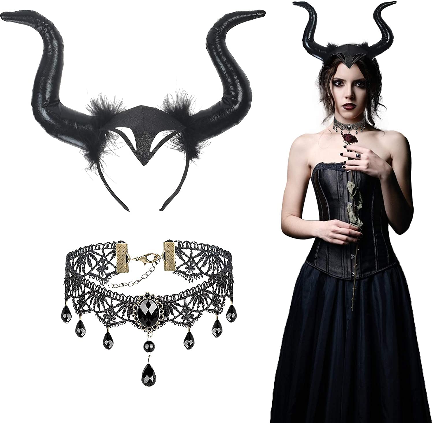 Berrysun Witch Horn Headband, Evil Witch Horn Devile Demon Halloween Devil Hair Accessories with Gothic Retro Lace Necklace for Halloween Masquerade Carnival Fancy Party