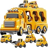 KIZONLY Construction Trucks Toys for 2 3 4 5 Years Old Boys - 5-in-1 Carrier Transport Vehicle Truck for Toddlers 2-4 Years with Crane, Mixer, Pushdozer and Excavator, Car Toys Birthdays Gift